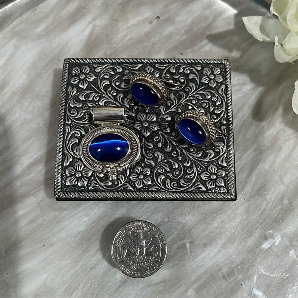 Vintage Mexican Taxco 925 Sterling Silver Cabochon Cut Cats Eye Pendant Earrings - Picture 6 of 15